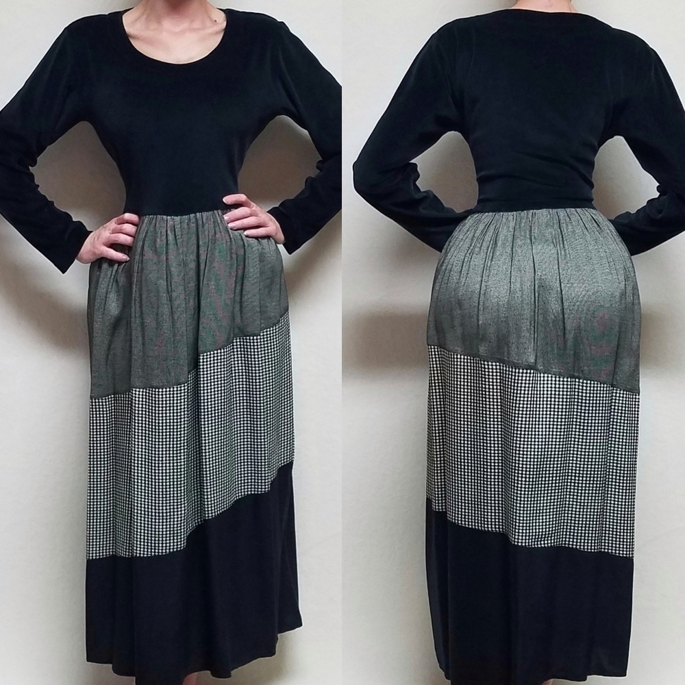 Vintage 90s Newport News Black Velvet Mixed Plaid Print Long Sleeve Maxi Dress L